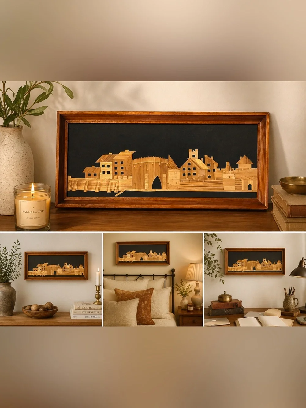 Vintage Polish Wood Marquetry Wall Art 1973 | Handcrafted Intarsia Cityscape |